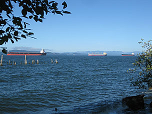 Ships lining up to cross the Columbia River bar near Astoria, Oregon