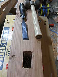 Chopping leg mortise with chisel
