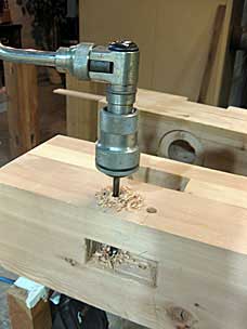 Drilling holes through mortises for drawbore pegs