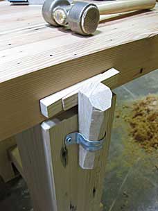 Vertical and horizontal wedges to hold workbench top