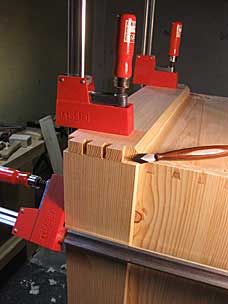 Marking pins from tails on tool chest skirt boards