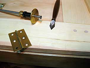 Hinge mortise marked out on tool chest lid