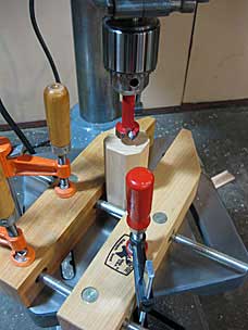 Preparing to drill hole in handle for moxon vise screw